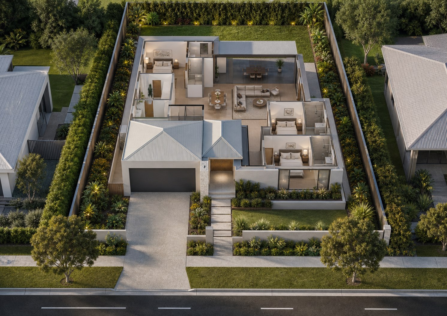 Rendered 3D visual of a proposed single-storey villa with landscaped garden and driveway