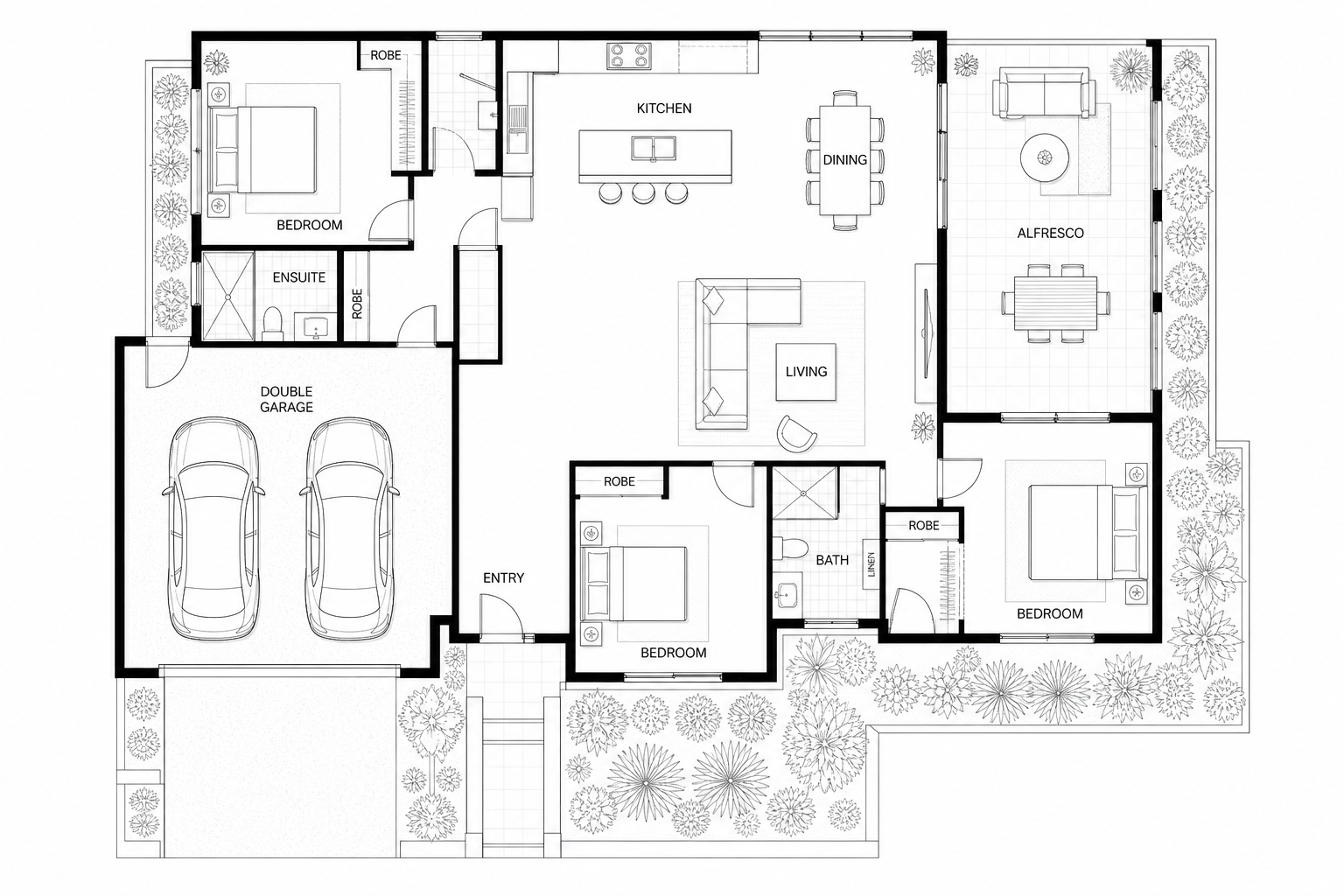 Professional black-and-white 2D floor plan matching the three-dimensional layout, with a double garage, open-plan kitchen, dining and living areas, alfresco and three bedrooms