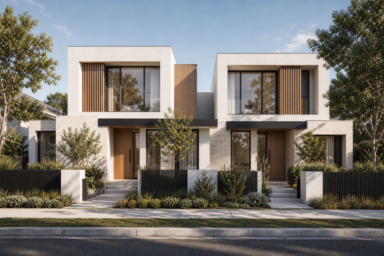 Frontal view of two contemporary duplex entries and facade volumes