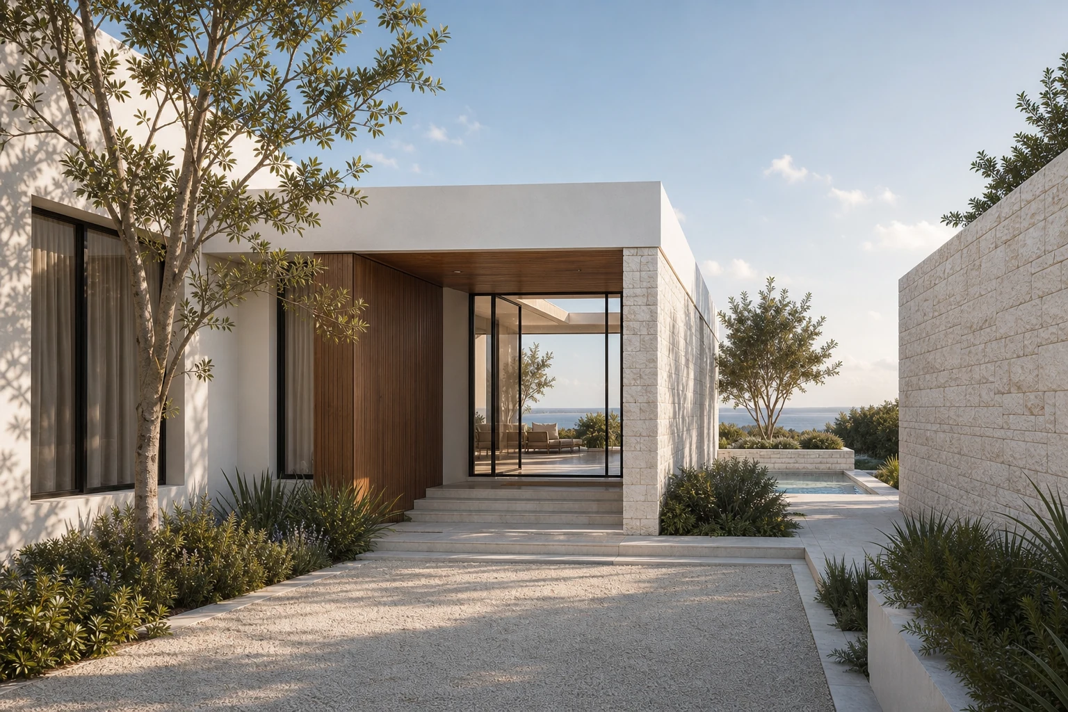 Coastal residence arrival courtyard with pale stone walls and pool beyond