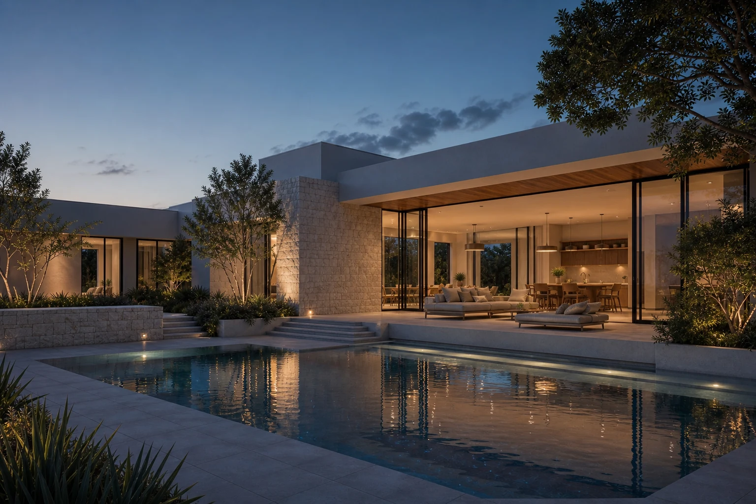 Coastal residence pool and open living pavilion at dusk