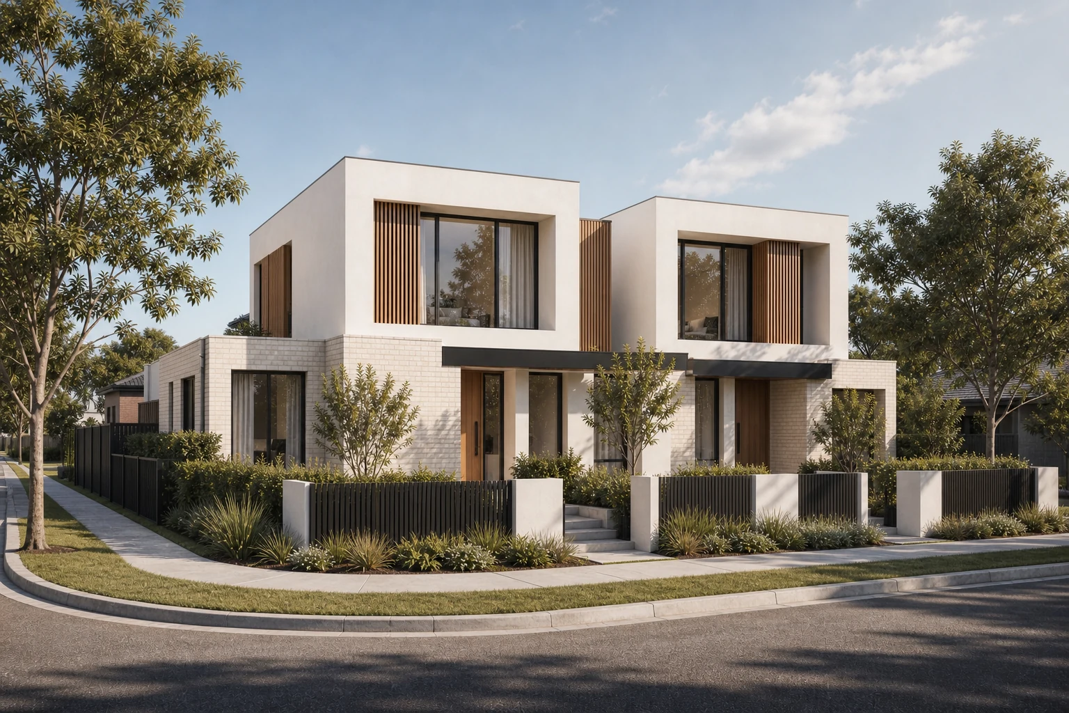 Contemporary duplex viewed from a landscaped street corner