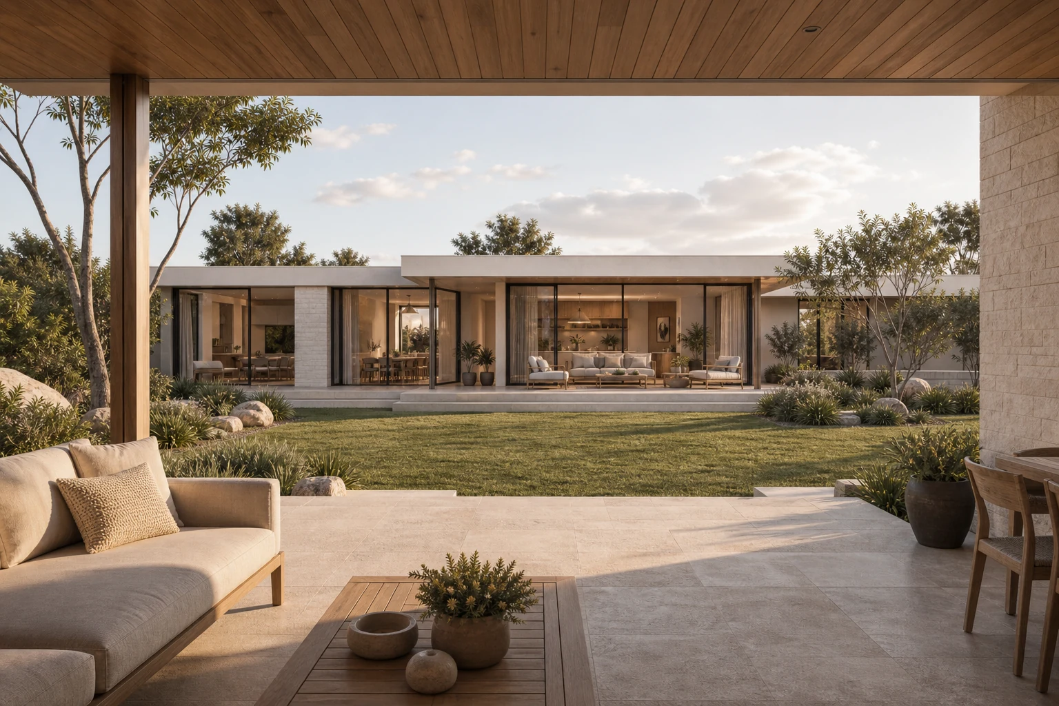 Family residence viewed across a lawn from a sheltered alfresco terrace