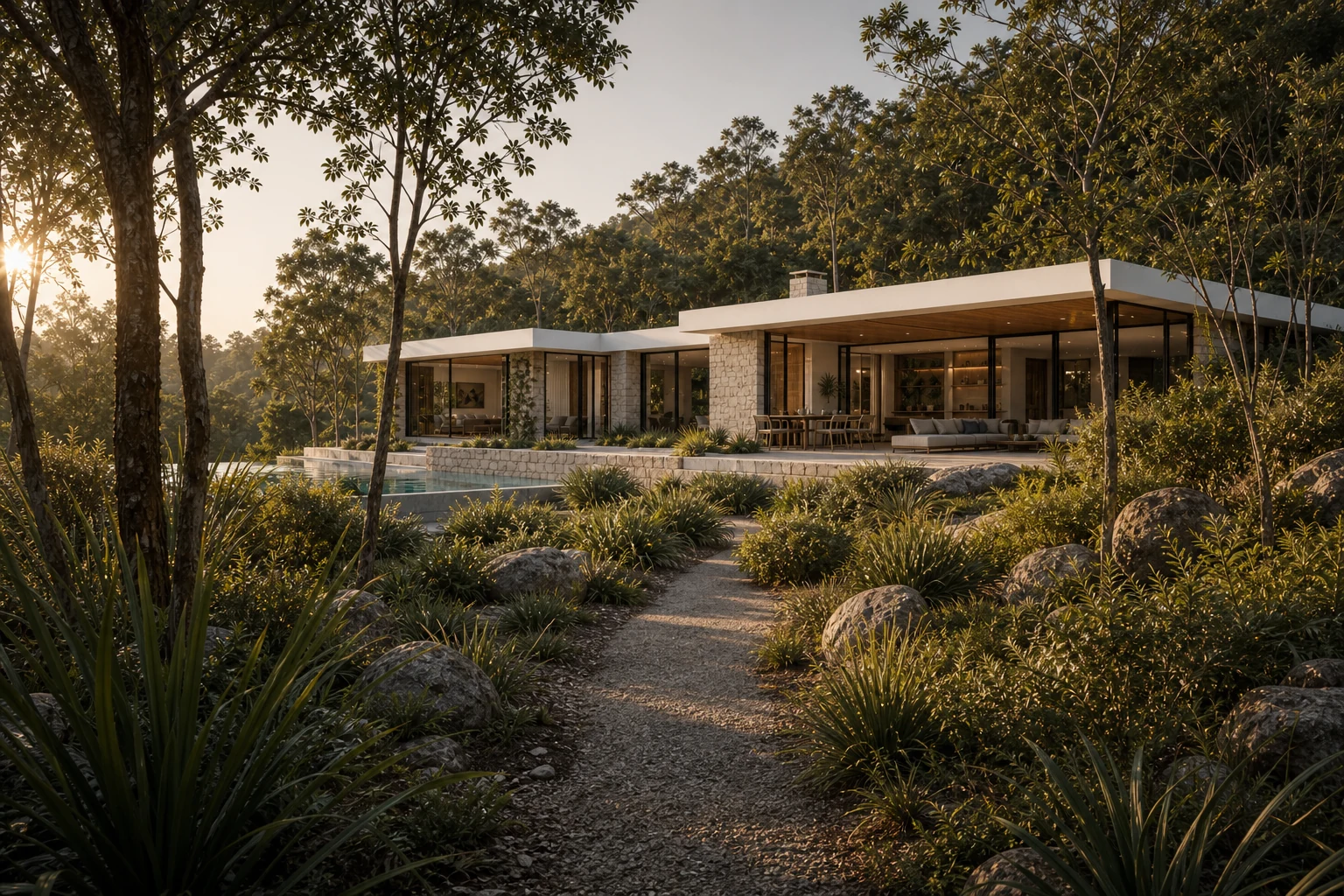 Native garden path leading toward a modern residence and pool