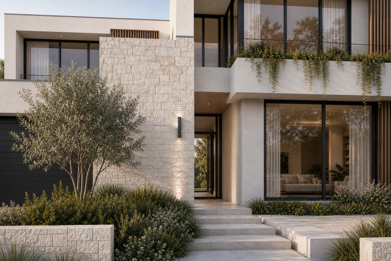 Detailed residence entry with pale stone, timber screens and planting