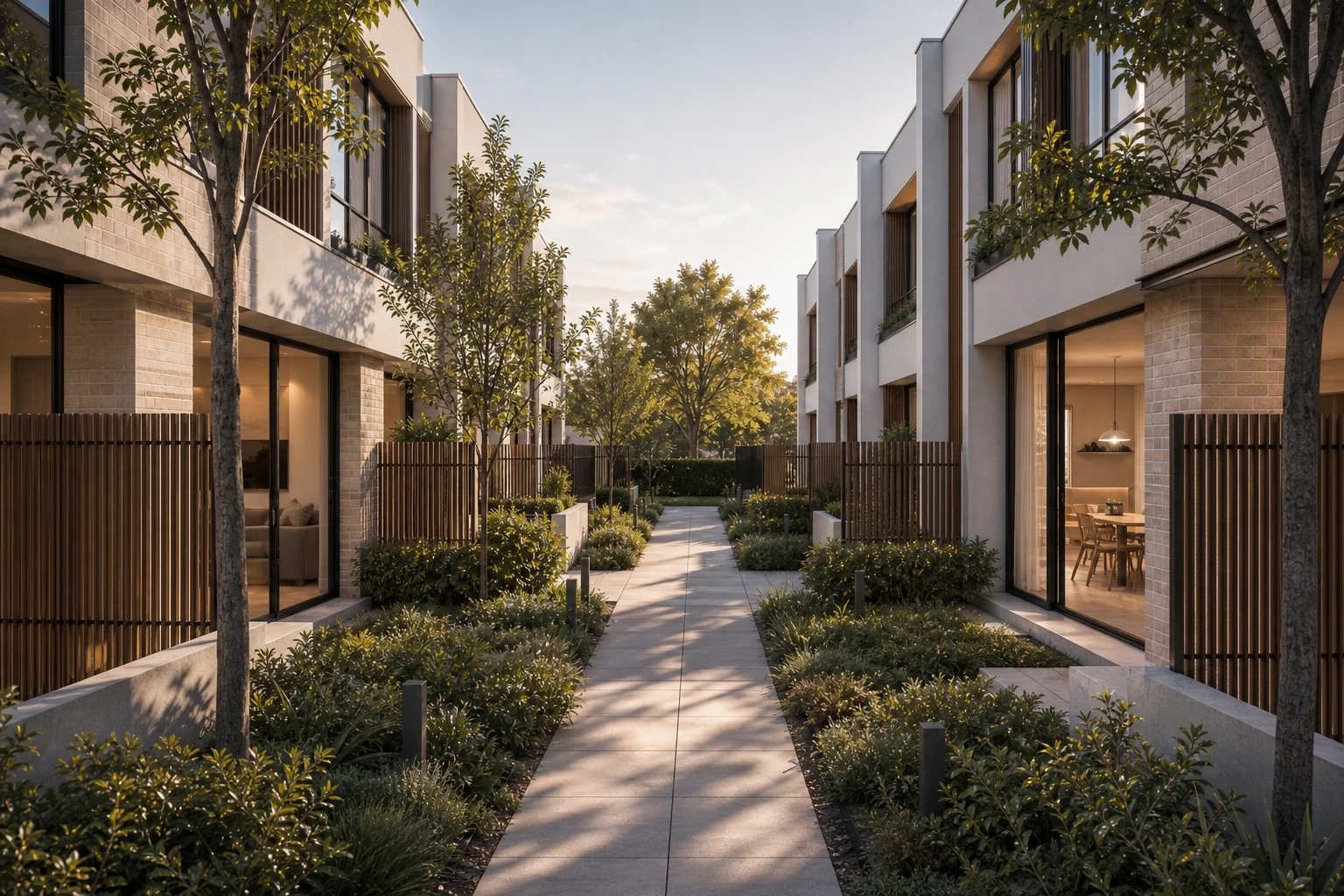 Landscaped pedestrian courtyard between contemporary townhouses