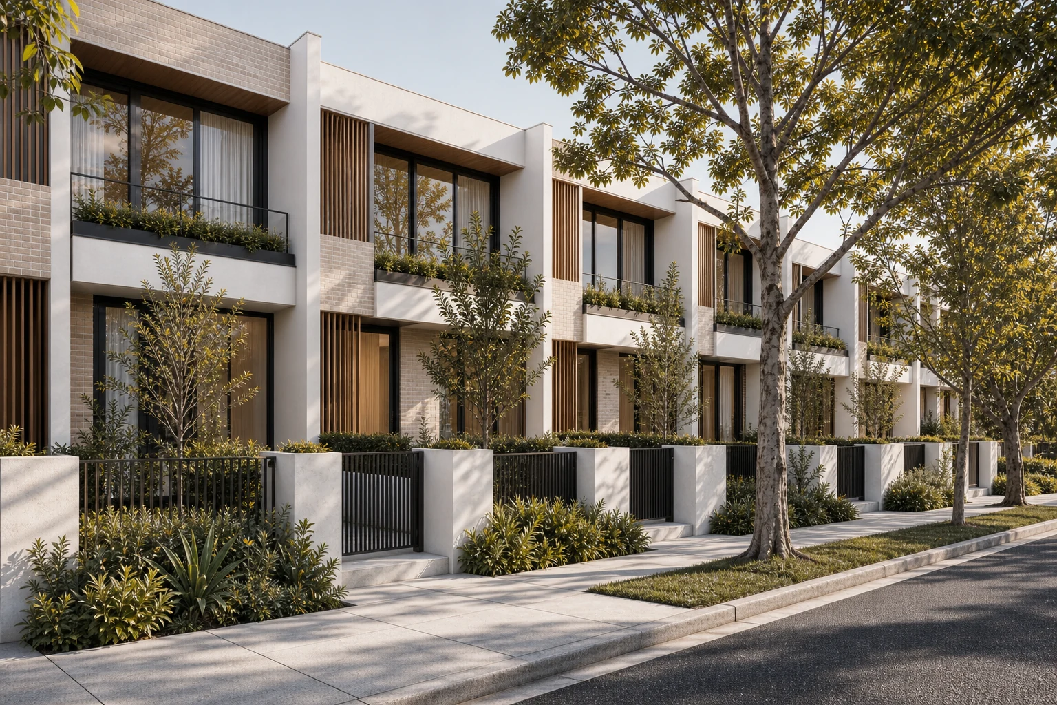 Contemporary townhouse row with warm brick, timber screens and landscaped entries