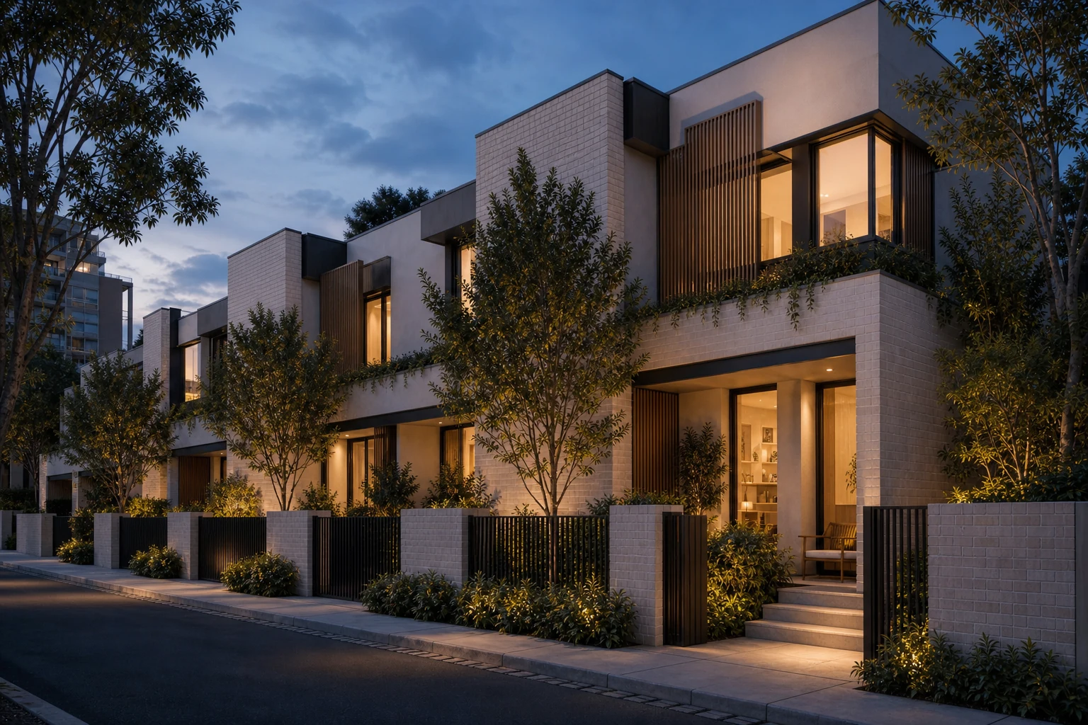 Urban terrace residences with warm interior light at blue hour